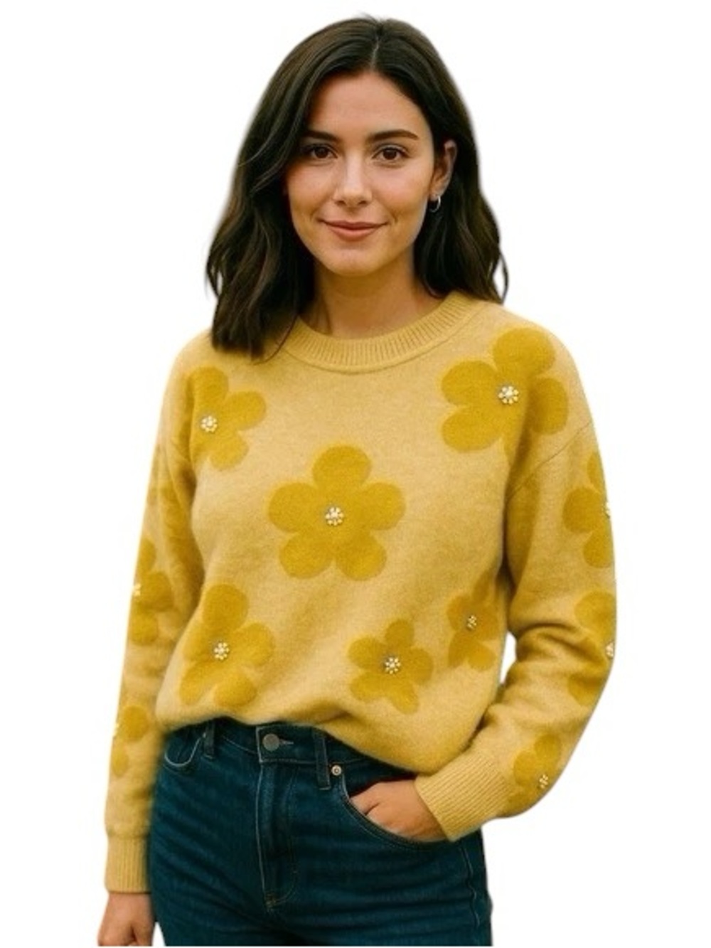 Nanette Lepore Eyelash Intarsia Floral Sweater with Faux-Pearl Accents NWT Sz L